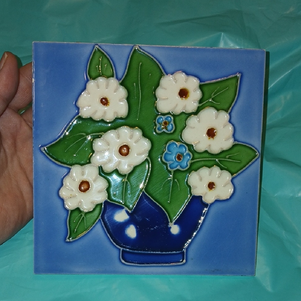 Cute Floral Ceramic Tile Art - Blue and Green, 6 Inch X 6 Inchm